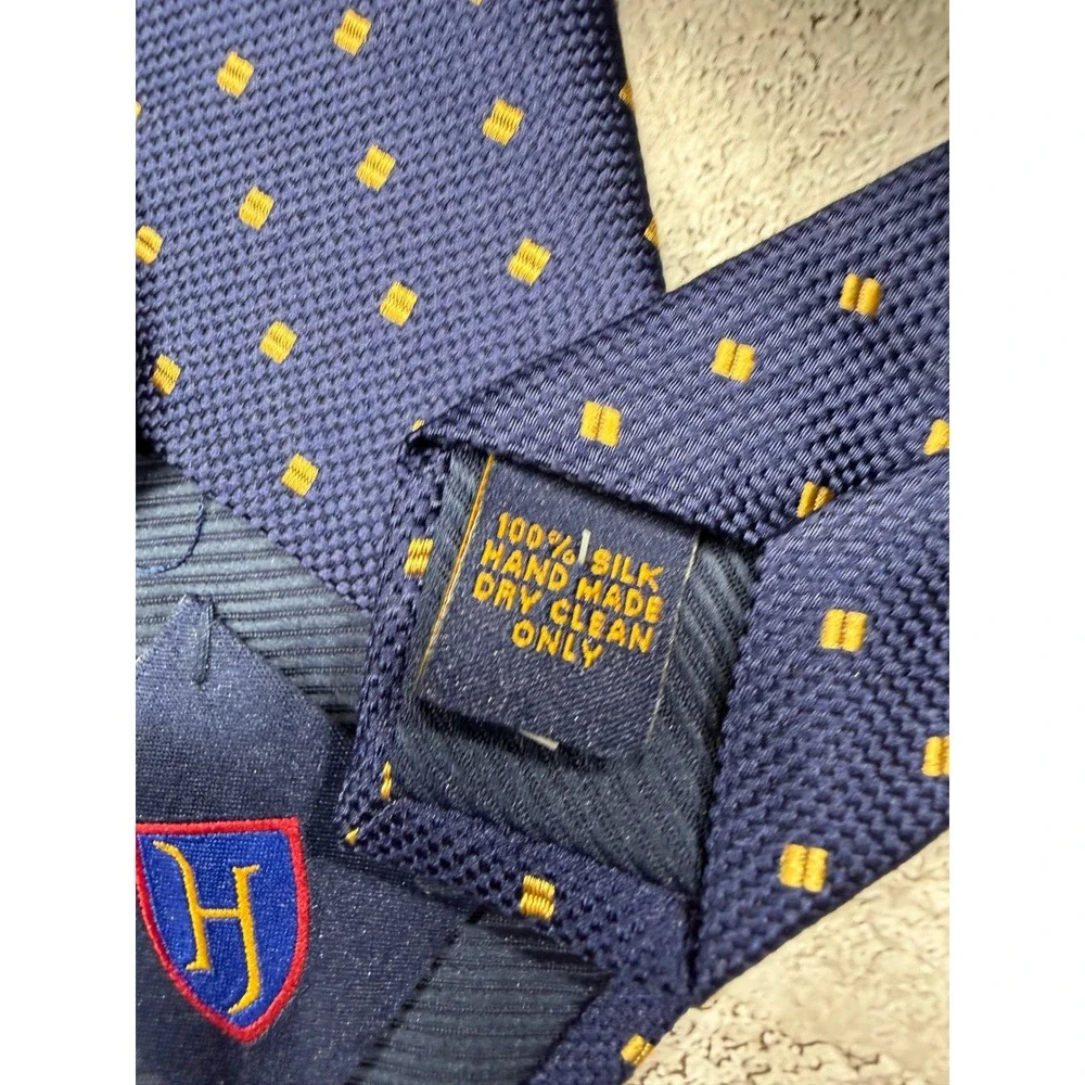 Henry Jacobson Necktie Mens OS Navy Blue Gold Square Geometric Silk